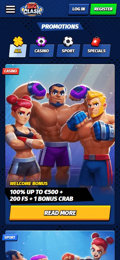 Bigclash Casino mobile promotions interface showing available offers