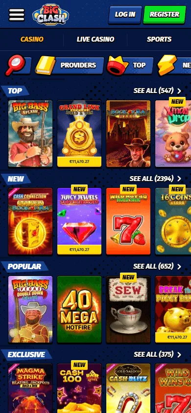 Bigclash Casino mobile games interface with touchscreen casino categories