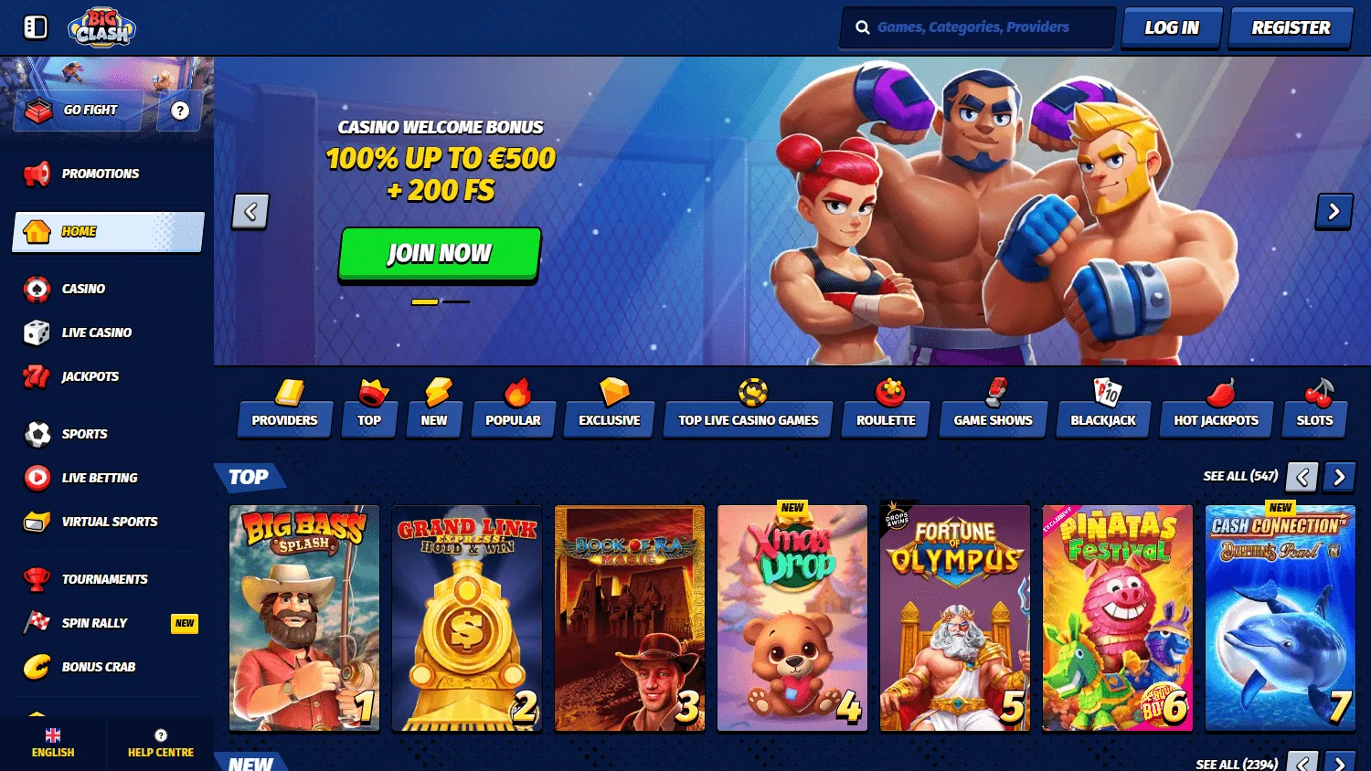 Bigclash Casino desktop home interface with casino, sportsbook and promotional options
