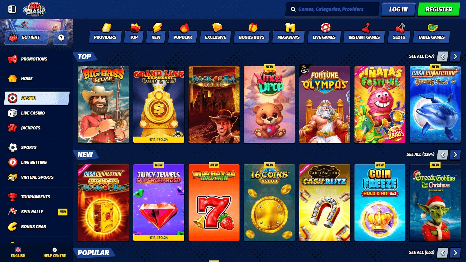 Bigclash Casino desktop games interface with casino categories and game selection