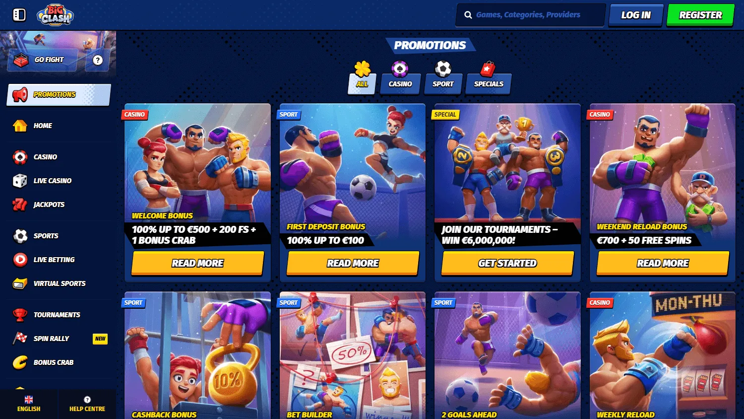 Bigclash Casino desktop promotions interface showing bonus and tournament offers